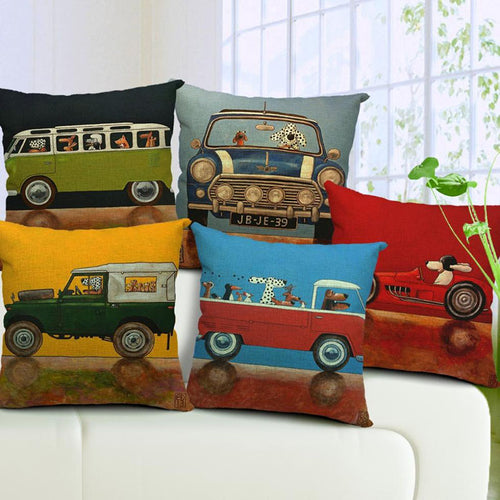 Dogs Driving Vintage Cars Pillow Covers (17 Options) - 18 x 18
